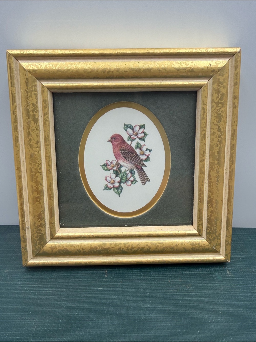 Vintage Small Framed Purple Finch Art in Gold Frame 4x4 Kathy Seek